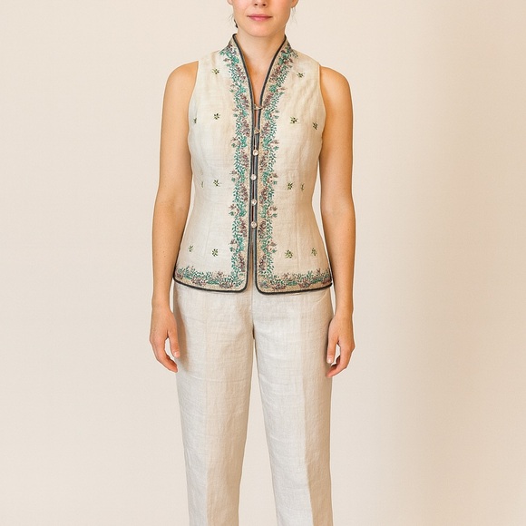 Donna Morgan Beige Linen Embroidery Pant Set - Picture 13 of 13